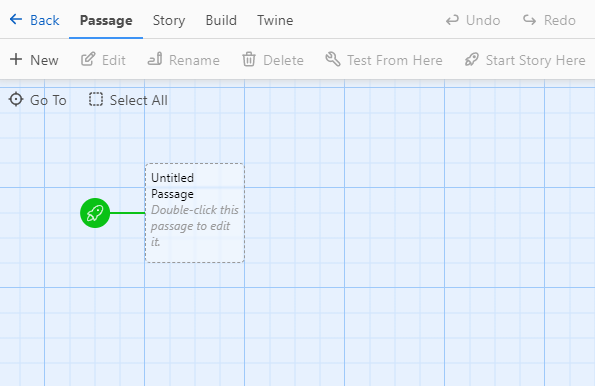 screenshot of the Twine editor, with menu buttons at the top. First row: Back, Passage, Story, Build, Twine. Second row: New, Edit, Rename, Delete, Test From Here, Start Story Here. The rest of the space is blue with gridlines. A box has the text: Untitled Passage Double-click this passage to edit it. Connected to the box is a green icon of a rocket.